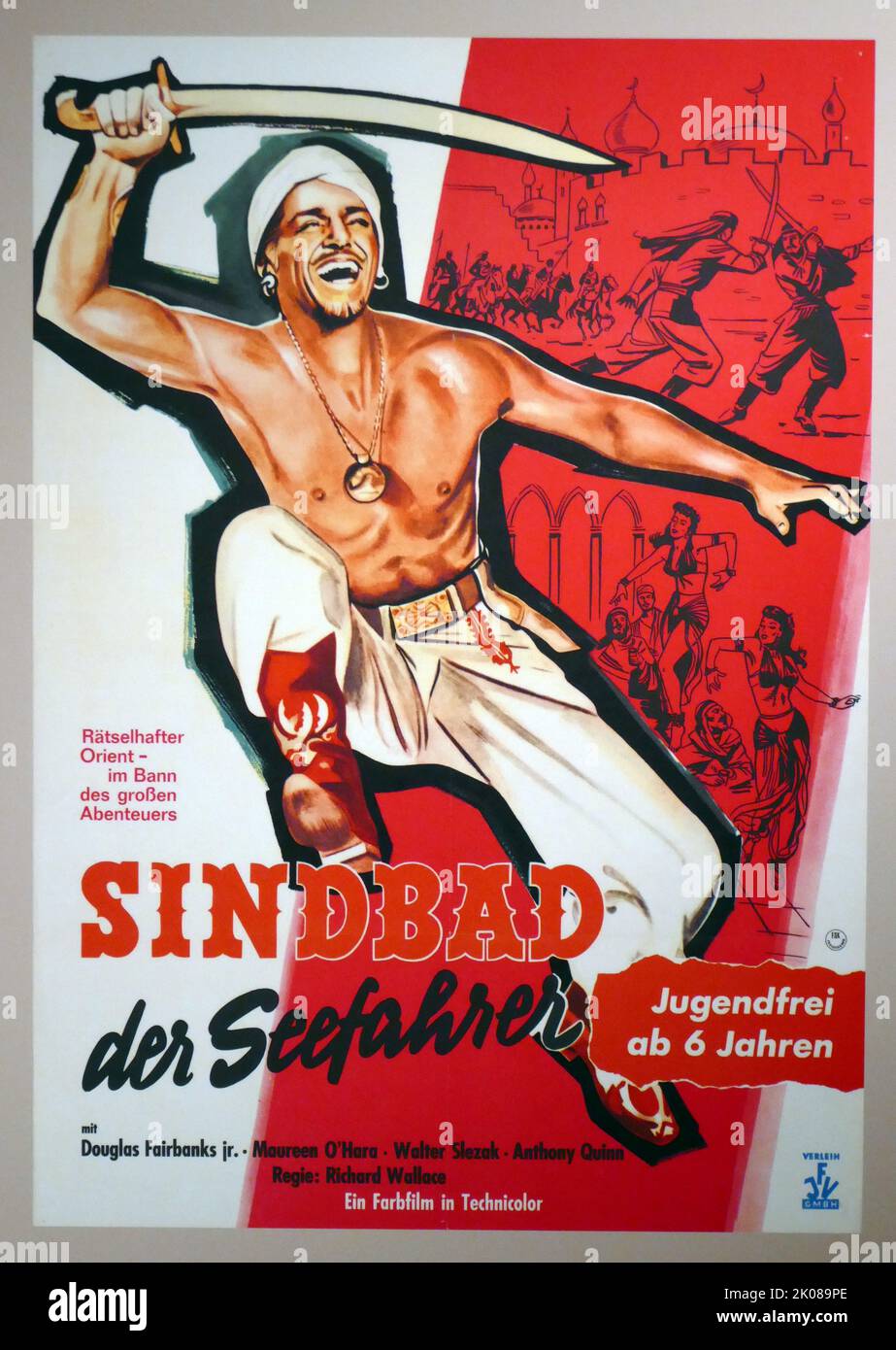 Kinoplakat für die deutsche Fassung des Films Sinbad the Sailor, einem amerikanischen Technicolor-Fantasiefilm aus dem Jahr 1947, in dem ein fiktiver Seefahrer und der Held eines Zyklus aus dem Nahen Osten zu sehen ist Stockfoto