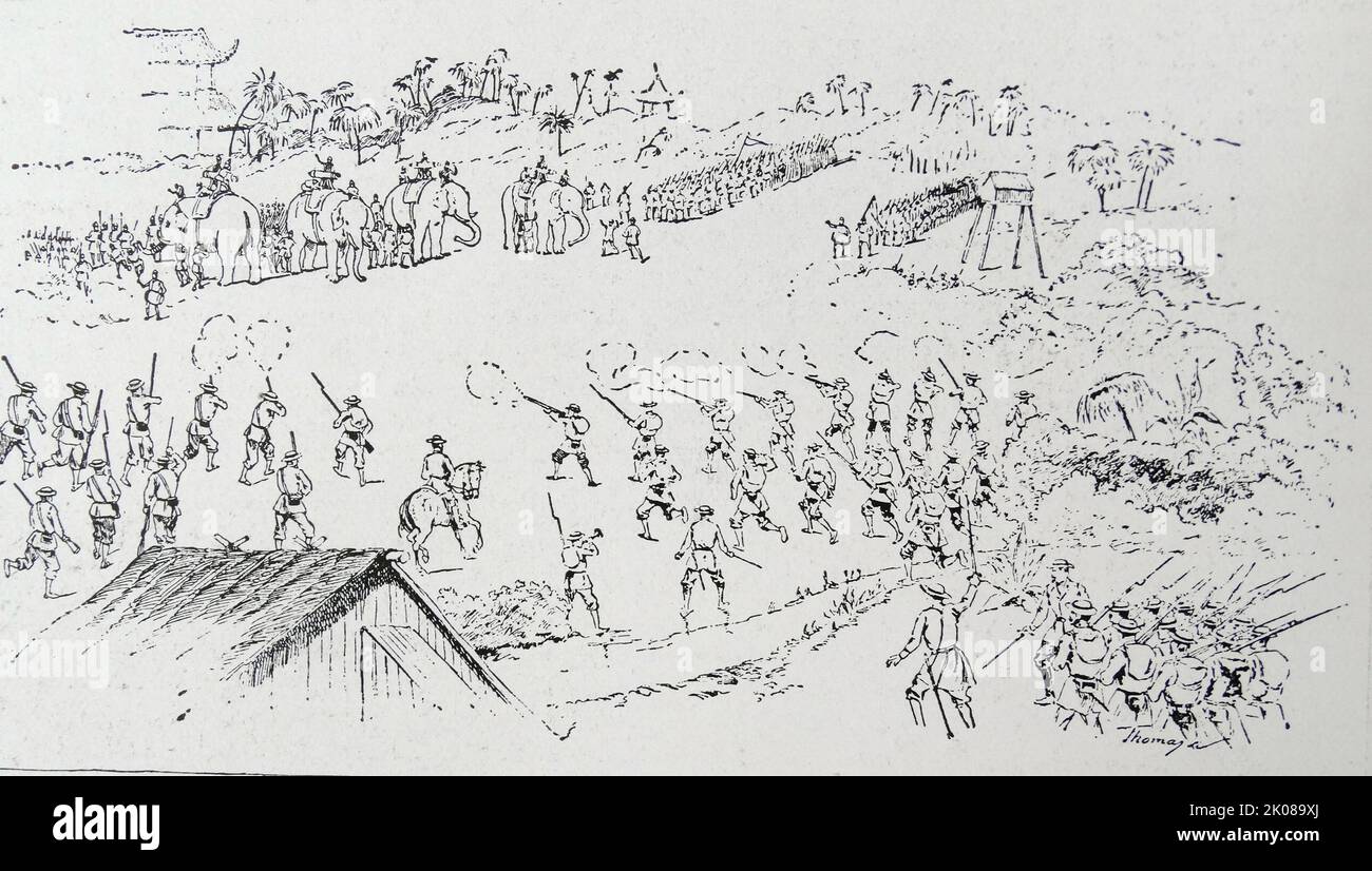 Illustration einer Schlacht während der Cochinchina-Kampagne, einer Serie von Militäroperationen zwischen 1858 und 1862, die von einer gemeinsamen Marineexpedition im Auftrag des französischen Imperium und des Königreichs Spanien gegen den vietnamesischen Staat aus der Nguyen-Zeit gestartet wurde. Es war der Anfangskonflikt der französischen Eroberung Vietnams Stockfoto