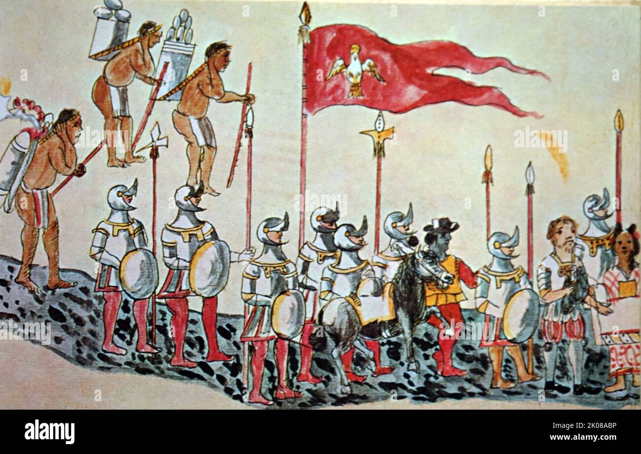 Hernan Cortes de Monroy y y Pizarro Altamirano, 1. Marquess of the Valley of Oaxaca (1485 - 2. Dezember 1547) War ein spanischer Eroberer, der eine Expedition leitete, die den Fall des Azteken-Reiches verursachte und große Teile des heutigen mexikanischen Festlandes unter die Herrschaft des Königs von Kastilien im frühen 16.. Jahrhundert brachte. Das Aquarell aus dem 16.. Jahrhundert zeigt Cortes' Armee beim Marsch auf Mexiko-Stadt Stockfoto