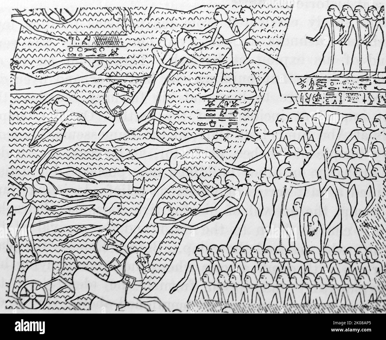 Szene aus den Reliefs der Schlacht von Kadesch im Jahr 1274 v. Chr. Die Schlacht von Kadesch oder die Schlacht von Kadesch fand zwischen den Streitkräften des Neuen Königreichs Ägypten unter Ramesses II. Und dem Hittiten-Reich unter Muwatalli II. In der Stadt Kadesch am Orontes-Fluss, direkt oberhalb des Homs-Sees in der Nähe der modernen Grenze zwischen Libanon und Syrien, statt Stockfoto