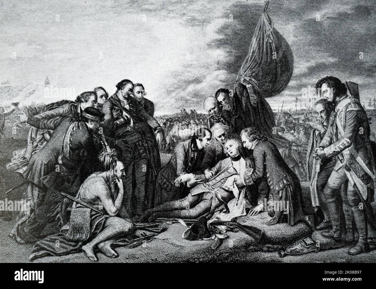James Wolfe (2. Januar 1727 - 13. September 1759) war ein britischer Armeeoffizier, der für seine Ausbildungsreformen bekannt war und vor allem für seinen Sieg 1759 über die Franzosen in der Schlacht der Ebenen Abrahams in Quebec als Generalmajor in Erinnerung blieb. Der Tod von General Wolfe ist ein Gemälde des anglo-amerikanischen Künstlers Benjamin West aus dem Jahr 1770 Stockfoto