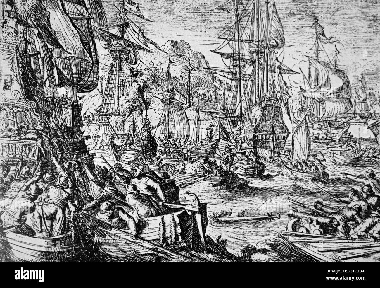 Spanische Flotte und englische Piratenschiffe Stockfoto
