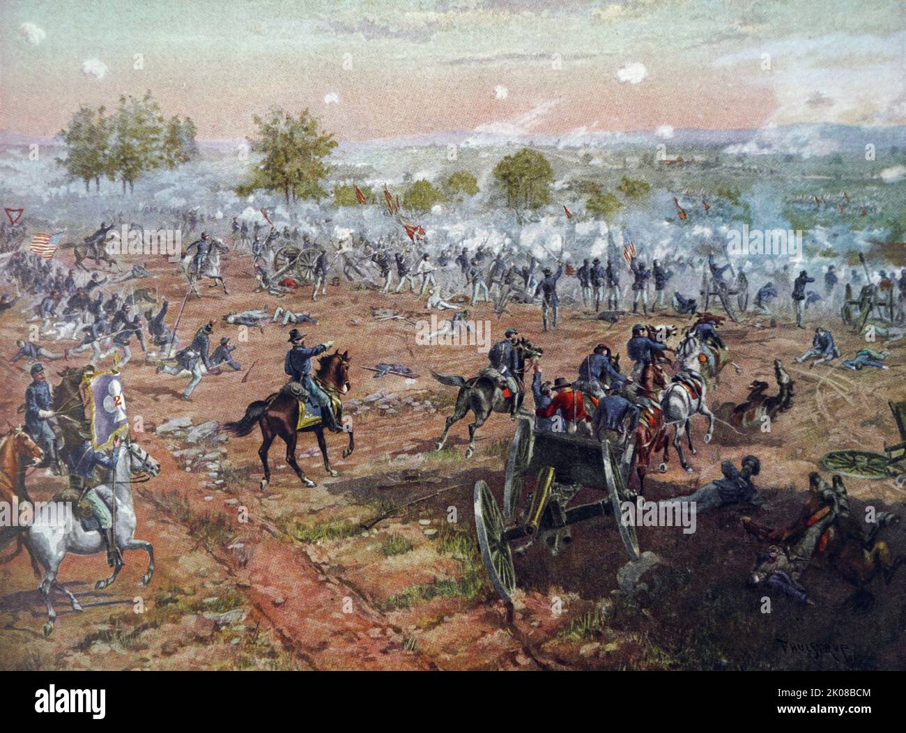 Die Schlacht von Gettysburg wurde vom 1. Bis 3. Juli 1863 in und um die Stadt Gettysburg, Pennsylvania, von Union- und Konföderierten Truppen während des amerikanischen Bürgerkrieges ausgetragen. Der amerikanische Bürgerkrieg (12. April 1861 - 9. Mai 1865) war ein Bürgerkrieg in den Vereinigten Staaten zwischen der Union und den Konföderation-Staaten Stockfoto