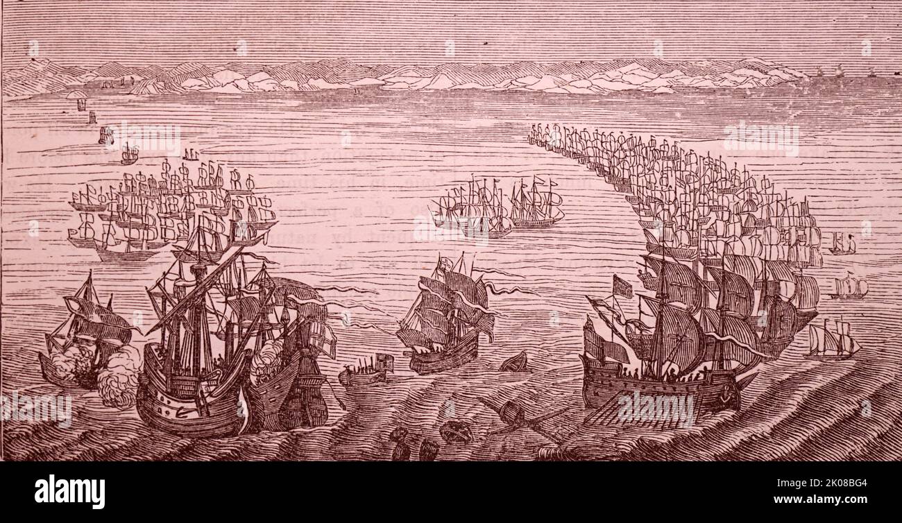 Die spanische Armada war eine spanische Flotte von 130 Schiffen, die Ende Mai 1588 unter dem Kommando des Herzogs von Medina Sidonia von Lissabon aus segelte, um eine Armee aus Flandern zu eskortieren, um England zu erobern Stockfoto