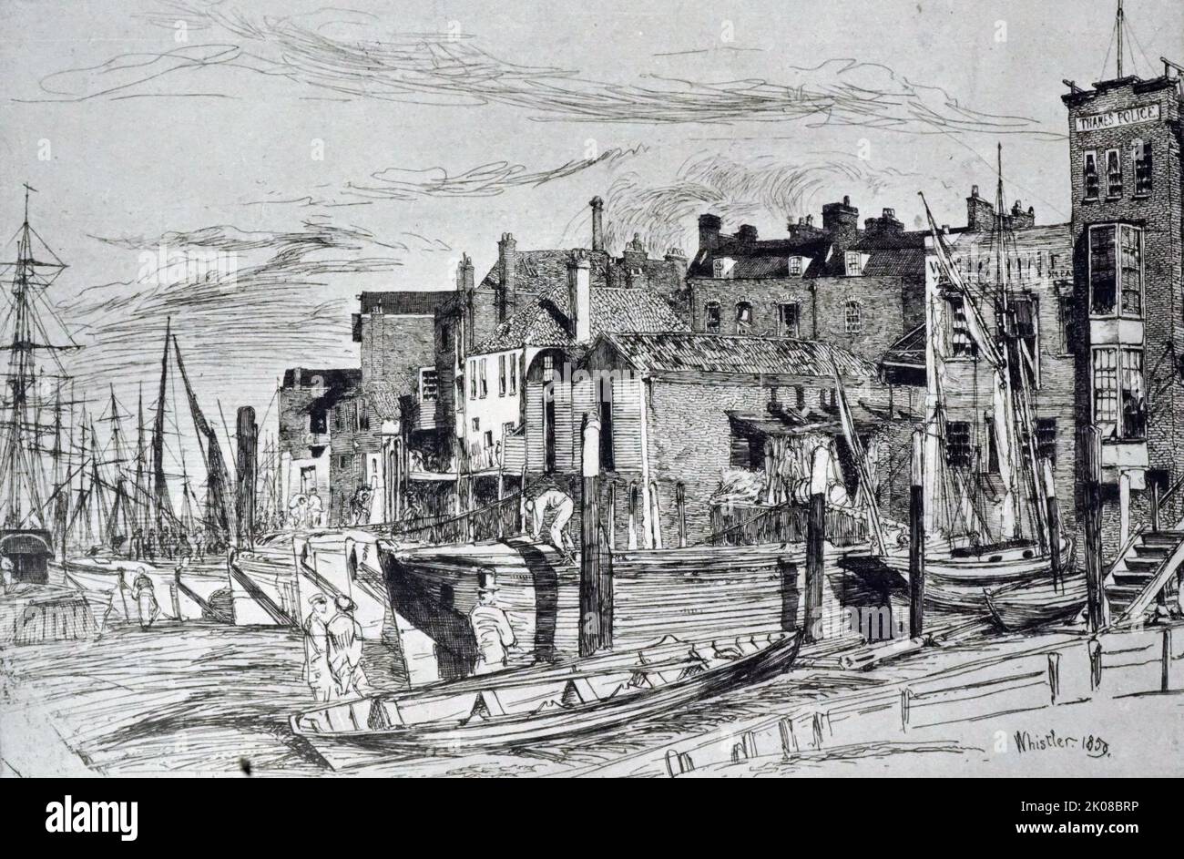 Thames Police, Whapping Wharf, 1859. Radierung von James Abbott McNeill Whistler RBA (11. Juli 1834 - 17. Juli 1903) war ein amerikanischer Maler, der während der amerikanischen Goldzeit tätig war und hauptsächlich in Großbritannien ansässig war Stockfoto