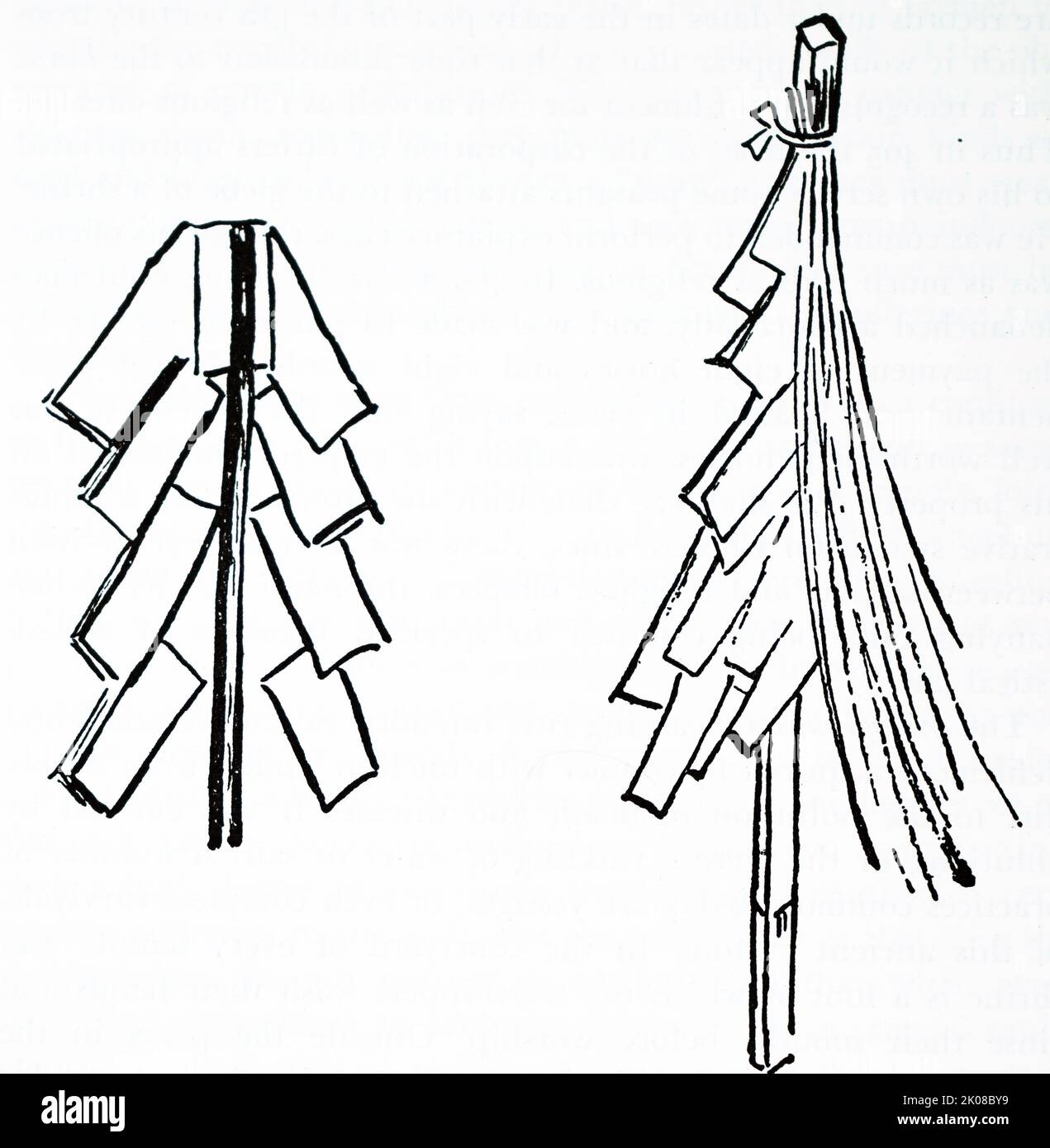 Gohei (Abb. 18). Papierstreifen, die die Opfergaben von Kleidung aus Maulbeerrinde symbolisieren. Nusa (Abb. 19). Reinigungsstab. Papierstreifen und Hanffasern. Gohei und Nusa werden traditionell in schintoischen Reinigungsritualen verwendet Stockfoto