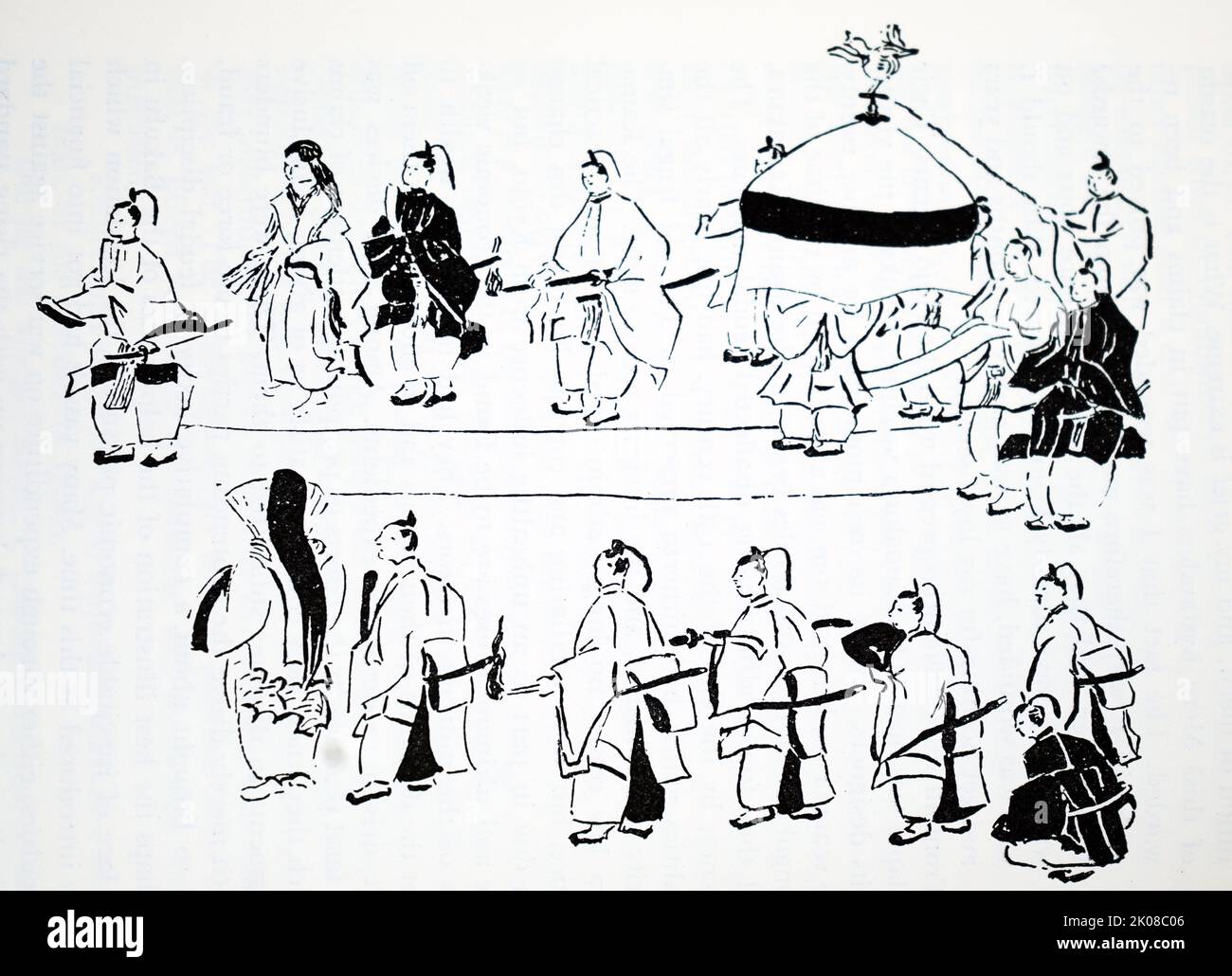 Teil der Daijoe- oder Beitrittszeremonie. Der Kaiser in der Prozession, c18. Jahrhundert. Der Daijo-daijin oder Dajo-daijin (Reichskanzler) war während und nach der Nara-Zeit und kurz nach der Meiji-Verfassung das Oberhaupt des Daijo-kan (großer Staatsrat) Stockfoto
