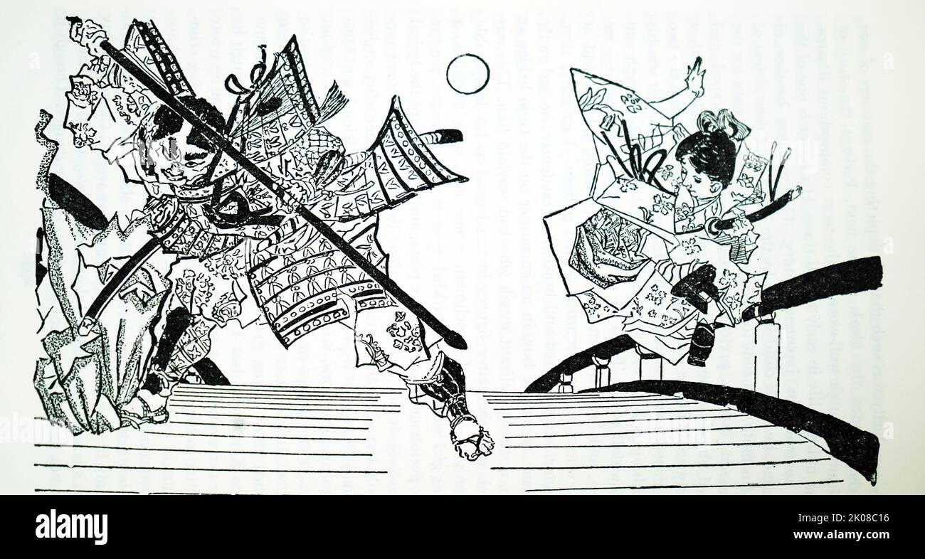 Die Begegnung zwischen Yoshitsune und Benkei auf der Gojo-Brücke. Dieses üppige Kunisada Diptychon zeigt ein Lieblingsthema von Ukiyo-e Künstlern, den Kampf auf der Gojo-Brücke zwischen der jungen Yoshitsune und dem Kriegermönch Benkei. Yoshitsune's ist eine tragische und sehr berühmte Geschichte in Japan. Von einem Theaterplakat Stockfoto