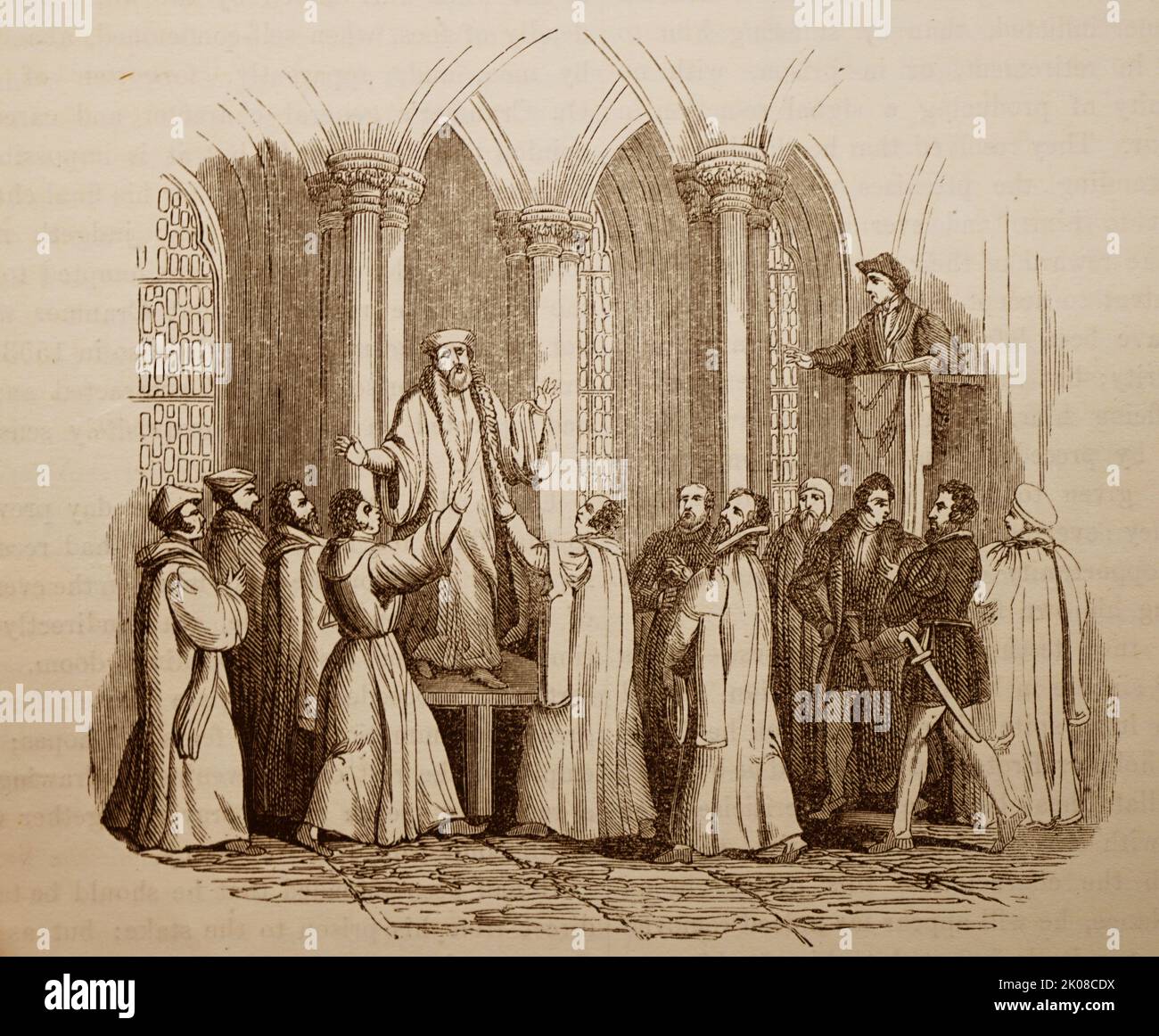 Thomas Cranmer (2. Juli 1489 - 21. März 1556) war ein Führer der englischen Reformation und Erzbischof von Canterbury während der Regierungszeit von Heinrich VIII., Edward VI. Und, für kurze Zeit, Mary I. Er half bei der Schaffung der Argumente für die Aufhebung der Ehe Heinrichs mit Katharina von Aragon, Das war einer der Gründe für die Trennung der englischen Kirche von der Vereinigung mit dem Heiligen Stuhl. Cranmer eilte 1556 zu seiner Hinrichtung Stockfoto