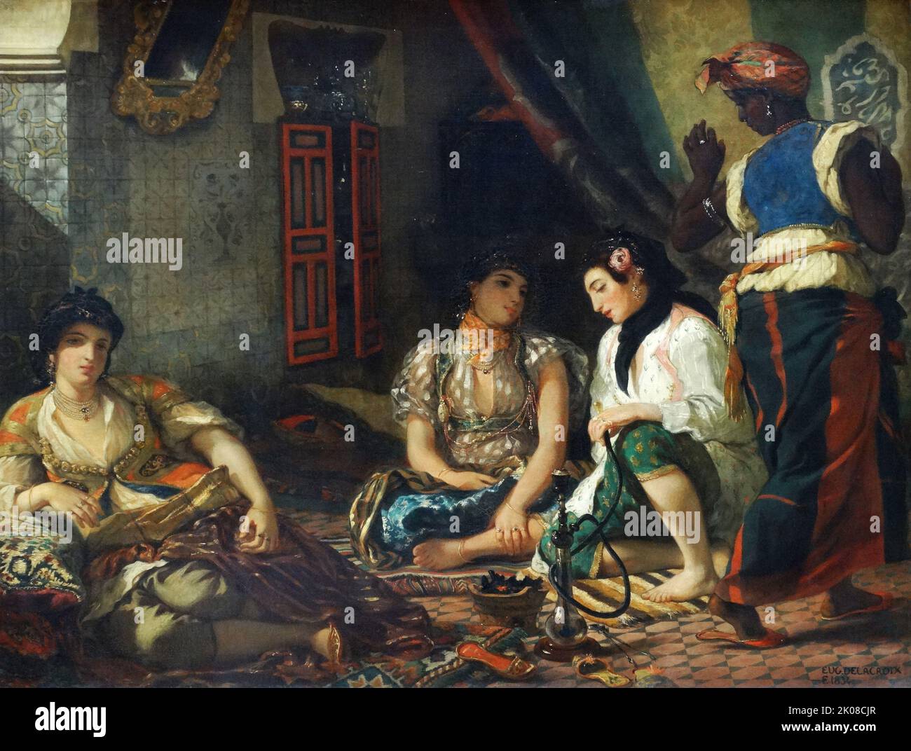 FEMMEs d'Alger dans leur Appartement, 1834 von Ferdinand Victor Eugene Delacroix (26. April 1798 - 13. August 1863) war ein französischer Romantikkünstler, der von Beginn seiner Karriere an als Leiter der französischen Romantikschule galt Stockfoto