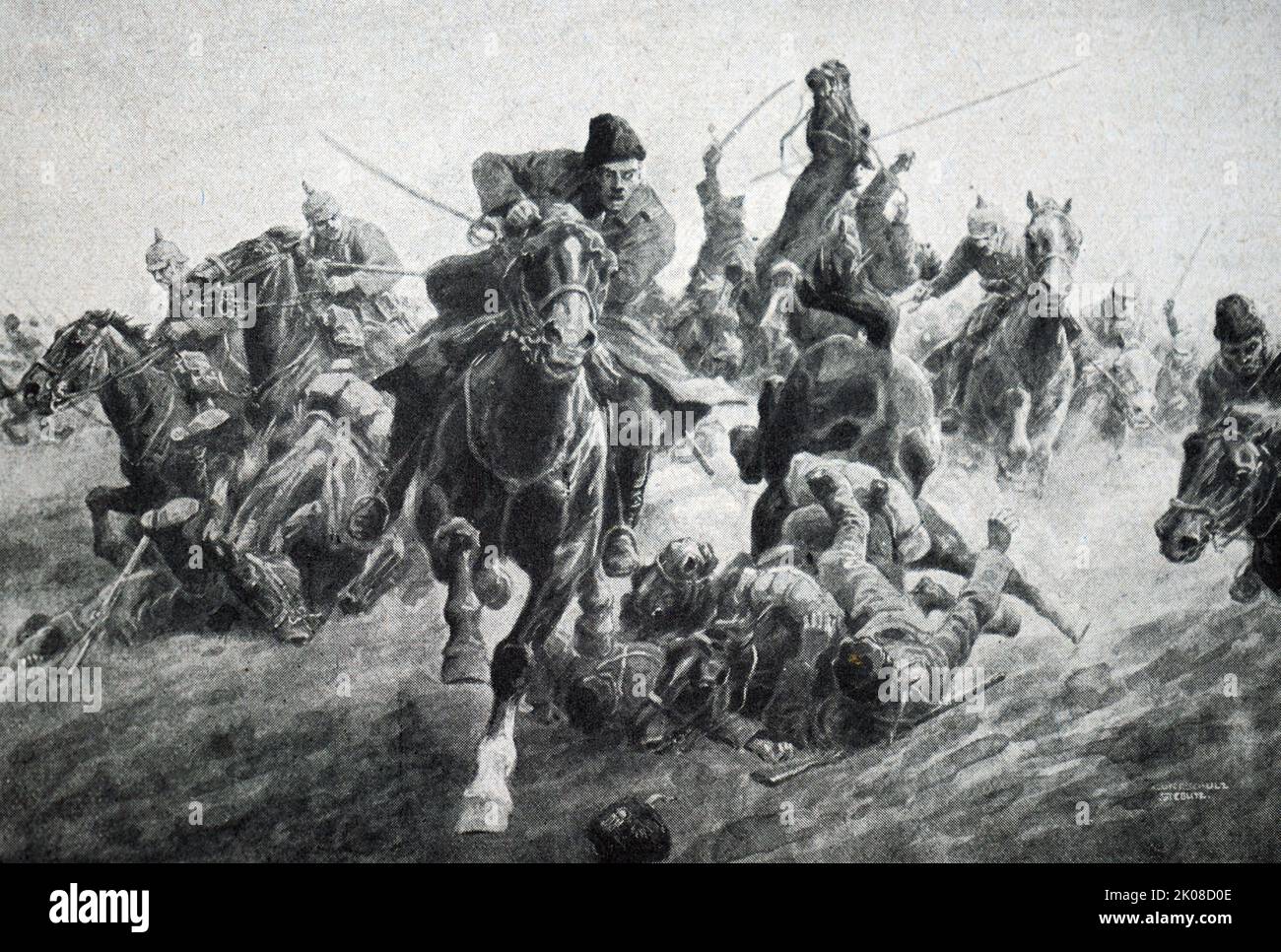 Deutsche Soldaten auf dem Pferderücken während einer Schlacht im Ersten Weltkrieg Stockfoto