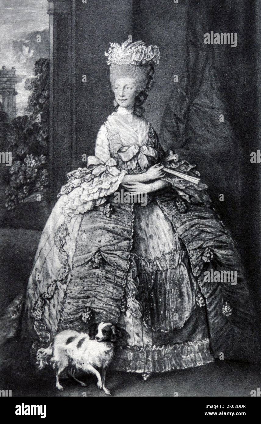 Charlotte von Mecklenburg-Strelitz (Sophia Charlotte; 19. Mai 1744 - 17. November 1818) war Königin von Großbritannien und Irland als Ehefrau von König Georg III. Von ihrer Ehe bis zur Vereinigung der beiden Königreiche im Jahr 1801, Danach war sie bis zu ihrem Tod 1818 Königin des Vereinigten Königreichs von Großbritannien und Irland Stockfoto