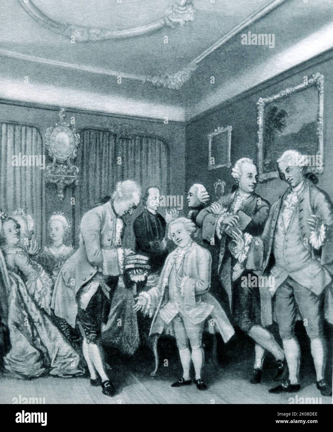 Visite de Wolfgang Mozart und Salomon Gessner, A Zürich, 1832. Wolfgang Amadeus Mozart (27. Januar 1756 - 5. Dezember 1791), getauft als Joannes Chrysostomus Wolfgangus Theophilus Mozart, war ein fruchtbarer und einflussreicher Komponist der Klassik. Salomon Gessner (1730-1788) war ein Schweizer Maler, Grafiker, Regierungsbeamter, Zeitungsverleger und Dichter Stockfoto