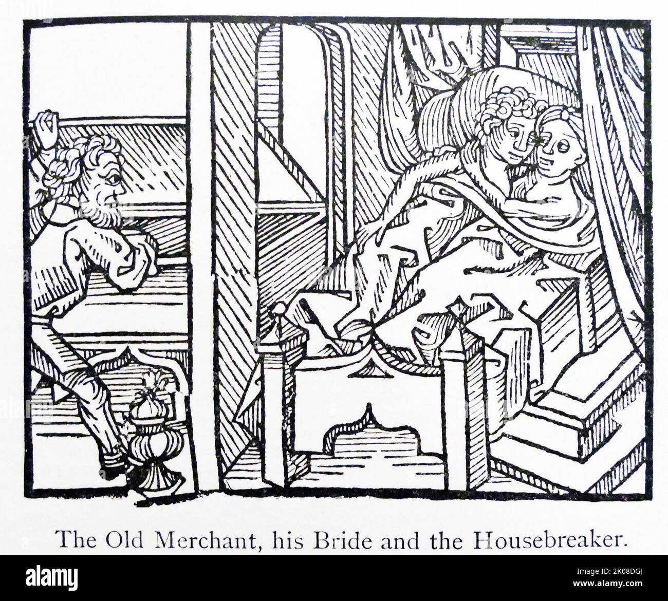Der alte Kaufmann, seine Braut und die Haushälterin. 15. Jahrhundert Illustration Stockfoto