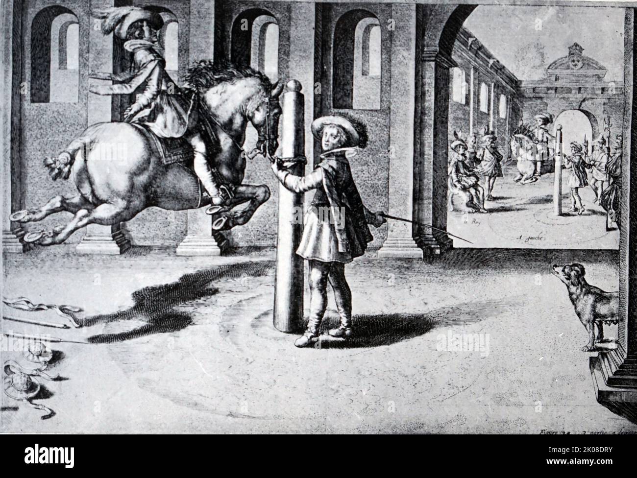 Die Capriole oder Ziegensprung am Pfeiler, 1623, von Crispijn (van) de Passe (*1594/1595 in Köln -- begraben am 19. Januar 1670 in Amsterdam), auch bekannt als Crispijn (van) de Passe der Jüngere, war ein niederländischer Kupferstecher aus dem Goldenen Zeitalter, Zeichner und Herausgeber von Drucken Stockfoto