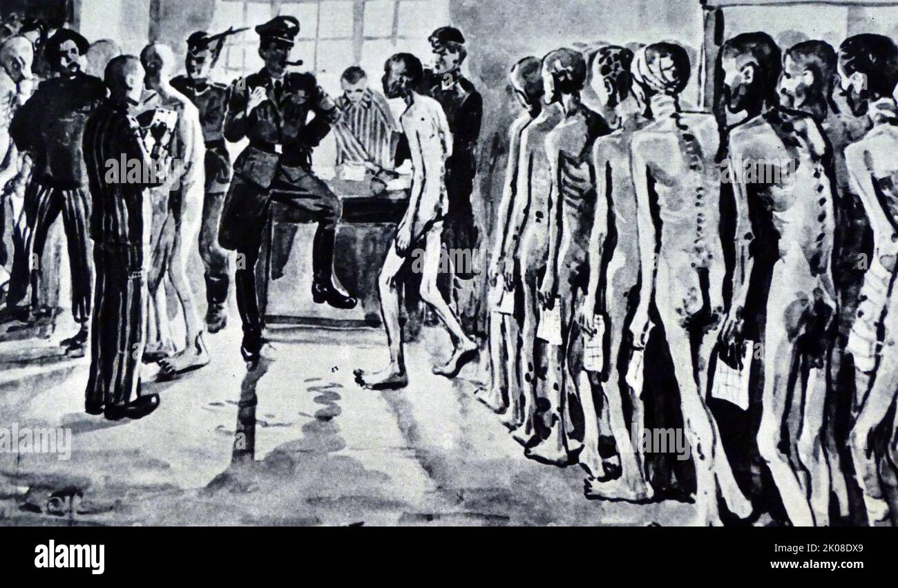 Auswahl des SICK für die Gaskammer. Schwarz-Weiß-Zeichnung von Jerzy Potrzebowski (1921 - 1974) war ein polnischer Maler Stockfoto