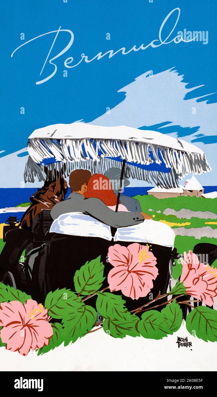 Bermuda Travel Poster - Poster zeigt Paar umarmen während genießen Pferd und Buggy Fahrt rund um die Insel, 1940s Stockfoto
