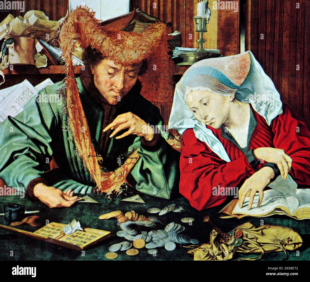 Reicher Geldwechsler und seine Frau im Mittelalter, gemalt von Marinus van Reymerswaele oder Marinus van Reymerswale (c.1490 - c.. 1546) war ein niederländischer Renaissance-Maler, der vor allem für seine Genreszenen und religiösen Kompositionen bekannt war Stockfoto