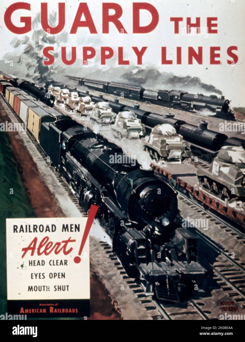 Bewachen Sie die Versorgungsleitungen - Frontposter des amerikanischen Zweiten Weltkriegs Stockfoto