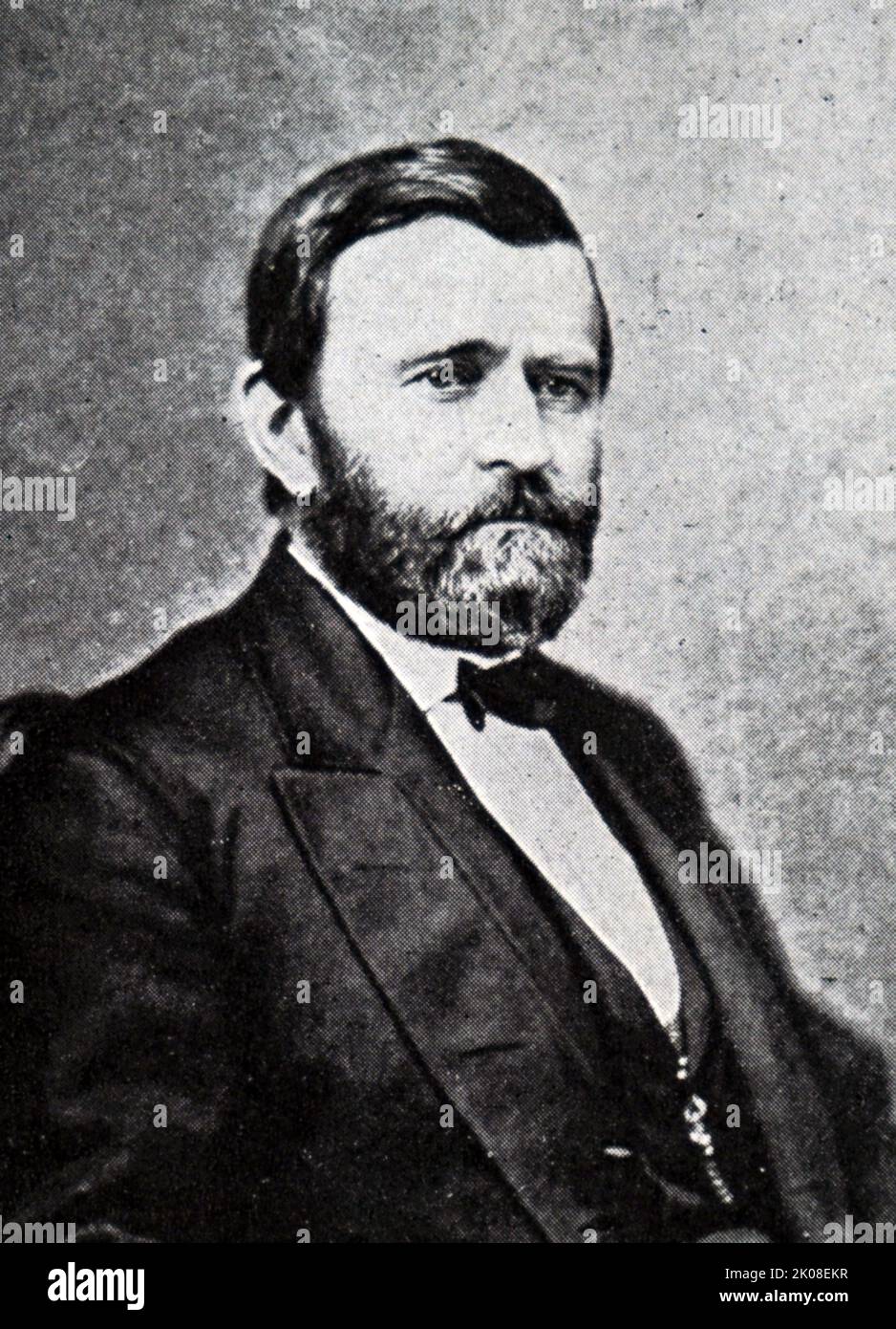 Ulysses S. Grant (geb. Hiram Ulysses Grant; 27. April 1822 - 23. Juli 1885) war ein amerikanischer Militäroffizier und Politiker, der von 1869 bis 1877 als Präsident der Vereinigten Staaten von 18. diente. Als kommandierender General führte er 1865 die Union Army zum Sieg im amerikanischen Bürgerkrieg und diente danach kurz als Kriegsminister Stockfoto