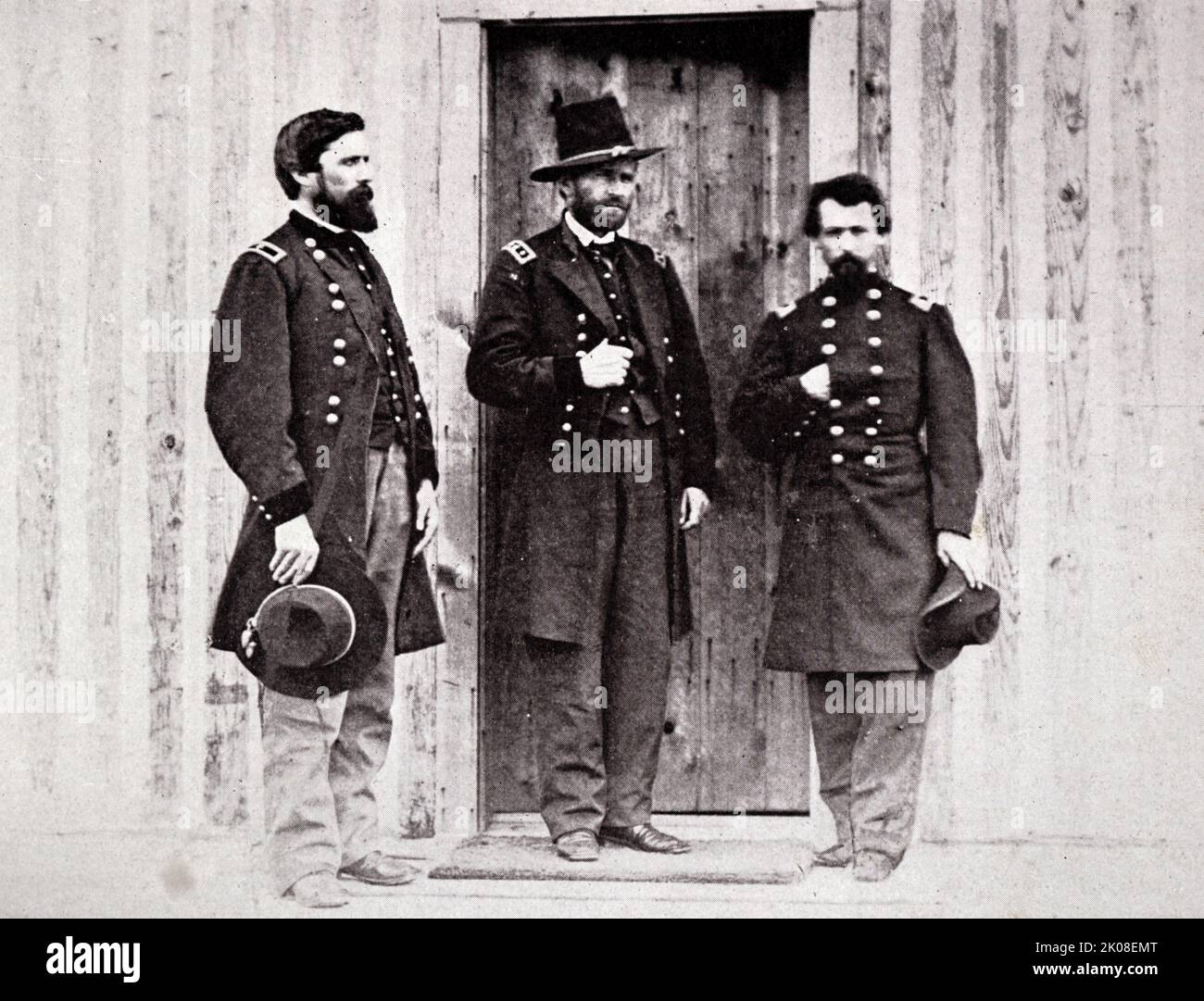 General John A. Rawlins, General U. S. Grant, Oberst Theo S. Bowers während des amerikanischen Bürgerkrieges. Der amerikanische Bürgerkrieg (12. April 1861 - 9. Mai 1865) war ein Bürgerkrieg in den Vereinigten Staaten zwischen der Union und den Konföderation-Staaten Stockfoto
