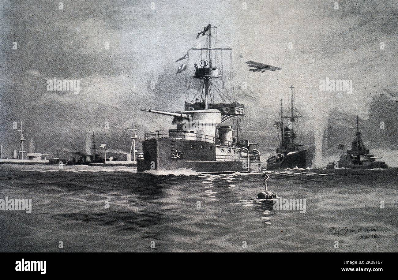 Deutsches Kriegsschiff aus dem Ersten Weltkrieg. Schwarz-Weiß-Zeichnung Stockfoto