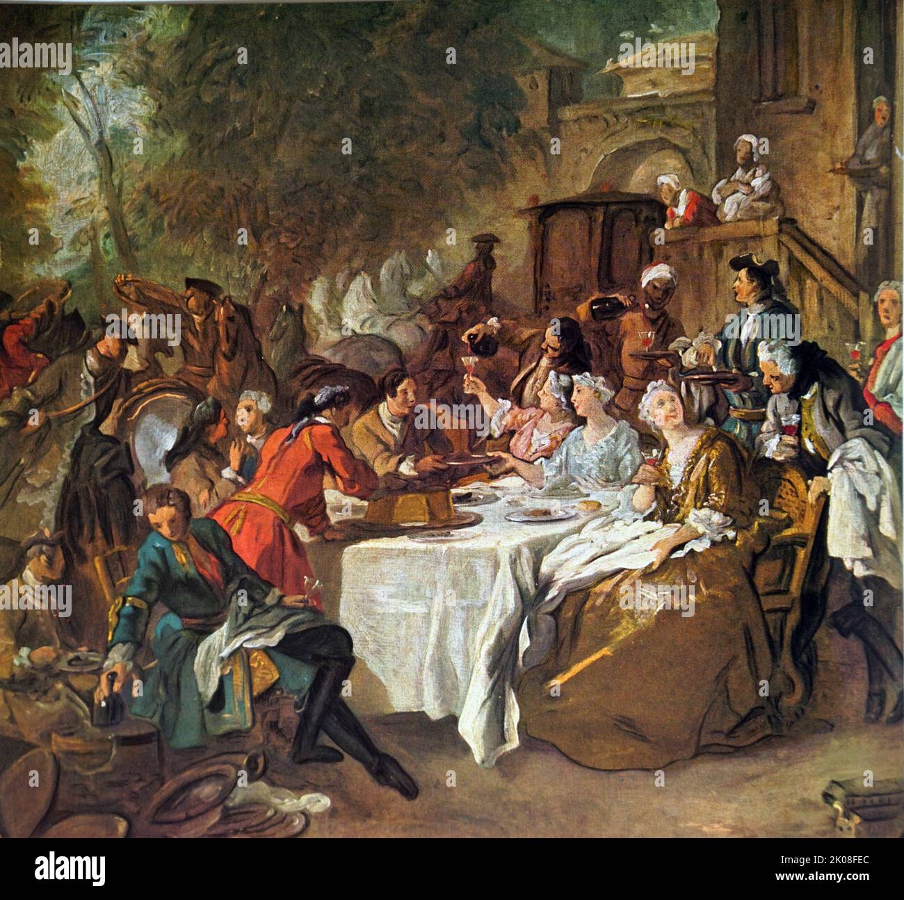 Le Dejeuner de Chasse, 1737 von Jean Francois de Troy (27. Januar 1679, Paris - 26. Januar 1752, Rom) war ein französischer Rokoko-Staffelei- und Freskenmaler, Zeichner und Tapisserie-Designer Stockfoto
