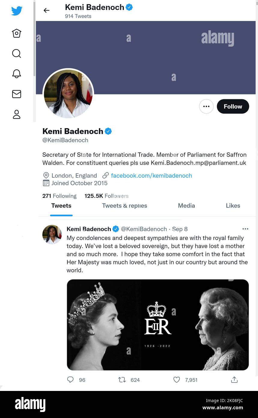 Twitter-Seite (September 2022) des Abgeordneten Kemi Badenoch - des internationalen Handelsministers - kurz nach dem Tod von Königin Elizabeth II Stockfoto