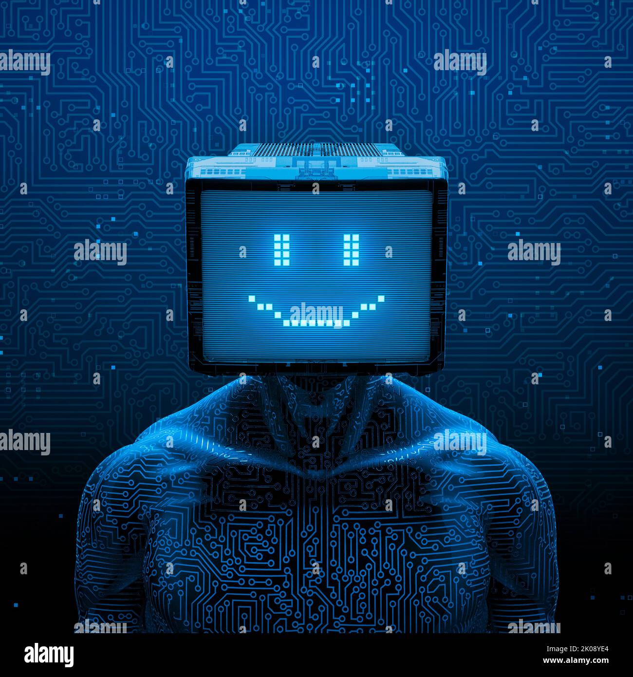 Lächelnde Gamer künstliche Intelligenz - 3D Illustration von dunklen Pixel Lächeln konfrontiert männlichen Roboter Figur mit Computer-Monitor-Kopf auf Schaltkreis Hintergrund Stockfoto
