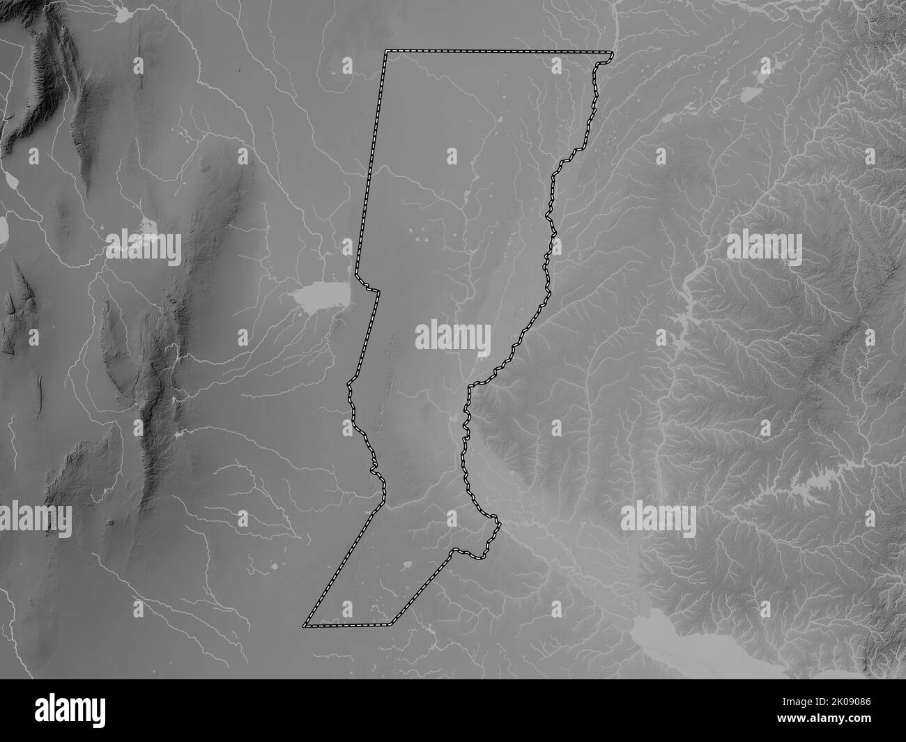Santa Fe, Provinz Argentinien. Höhenkarte in Graustufen mit Seen und Flüssen Stockfoto