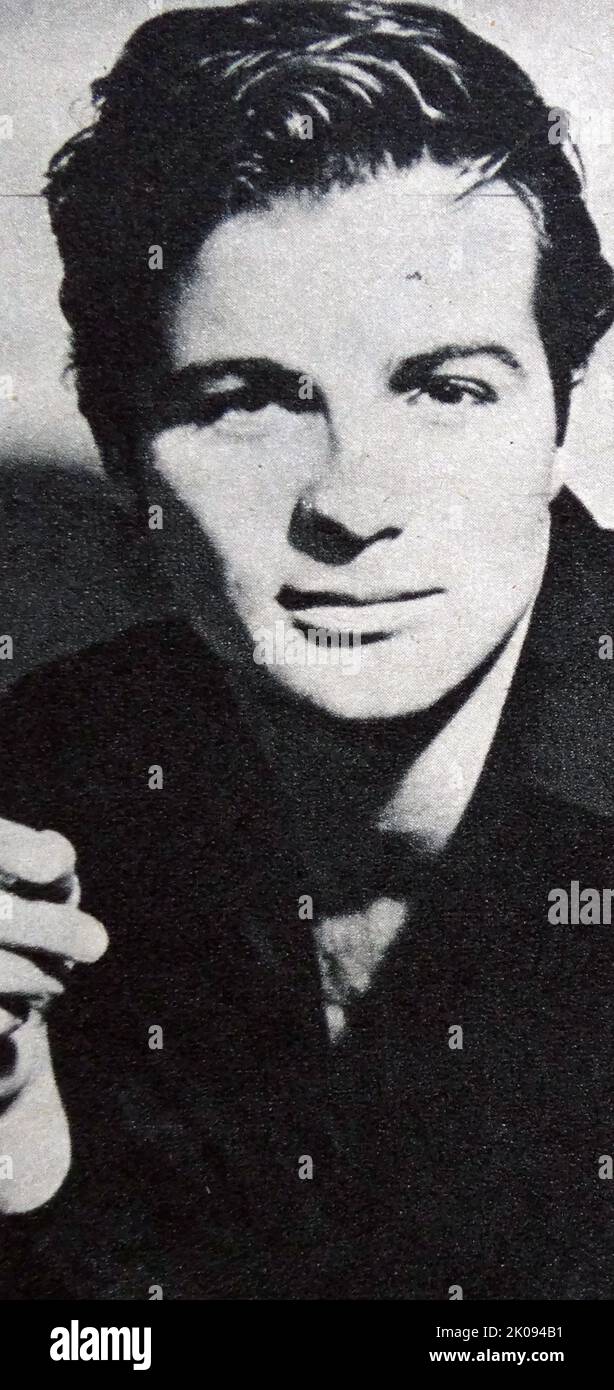 Zeitungsbericht und Foto des Schauspielers Jerry Coe im Film Private Affair von 1959. Stockfoto