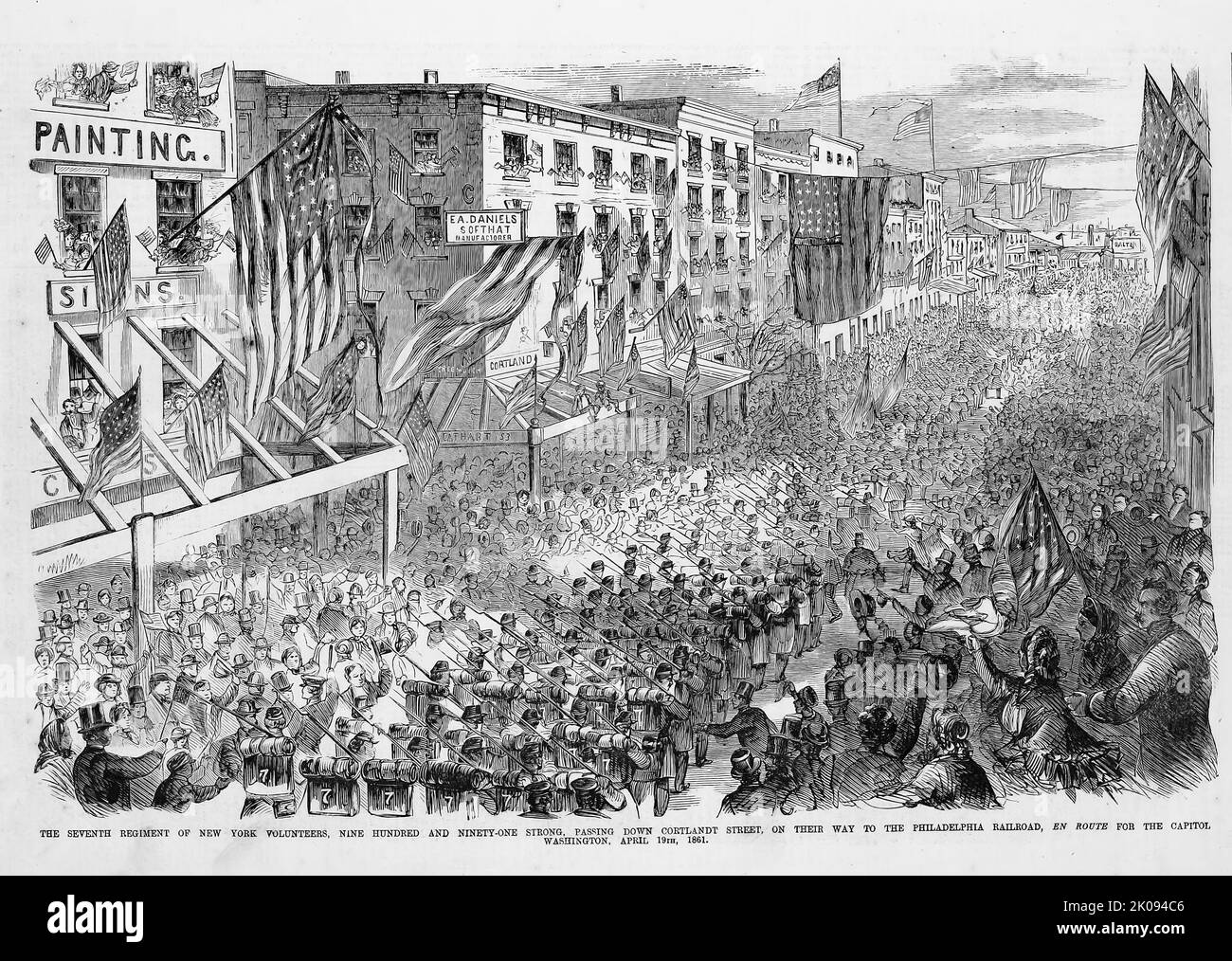 Das siebente Regiment von New York, neunhundertundneunzig starke Freiwillige, die die Cortlandt Street entlang fahren, auf ihrem Weg zur Philadelphia Railroad, auf dem Weg zum Capitol, Washington D. C., 19.. April 1861. Illustration des amerikanischen Bürgerkriegs des 19.. Jahrhunderts aus Frank Leslie's Illustrated Newspaper Stockfoto