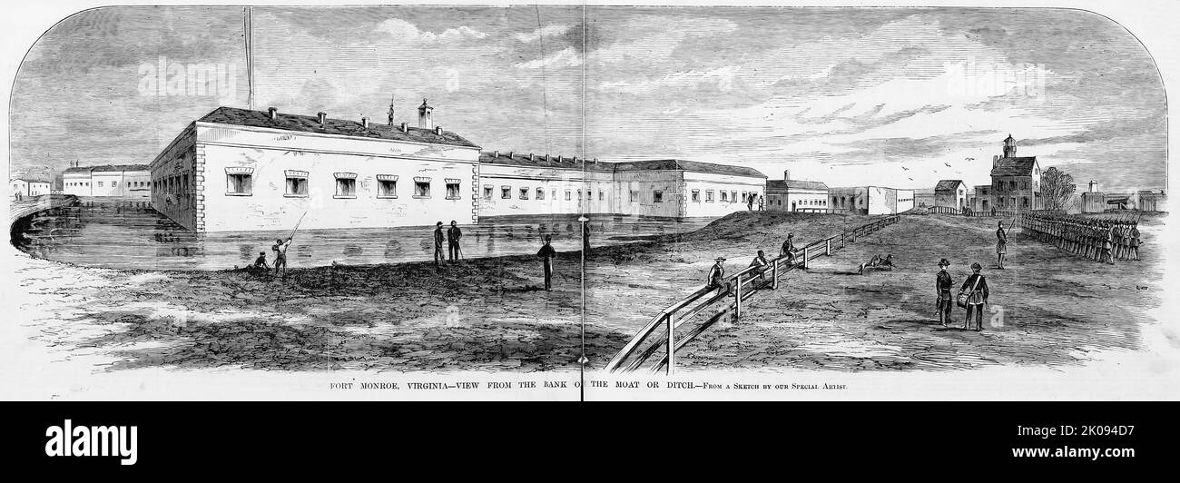 Fort Monroe, Virginia - Blick vom Ufer des Grabens oder Graben (1861). Illustration des amerikanischen Bürgerkriegs des 19.. Jahrhunderts aus Frank Leslie's Illustrated Newspaper Stockfoto