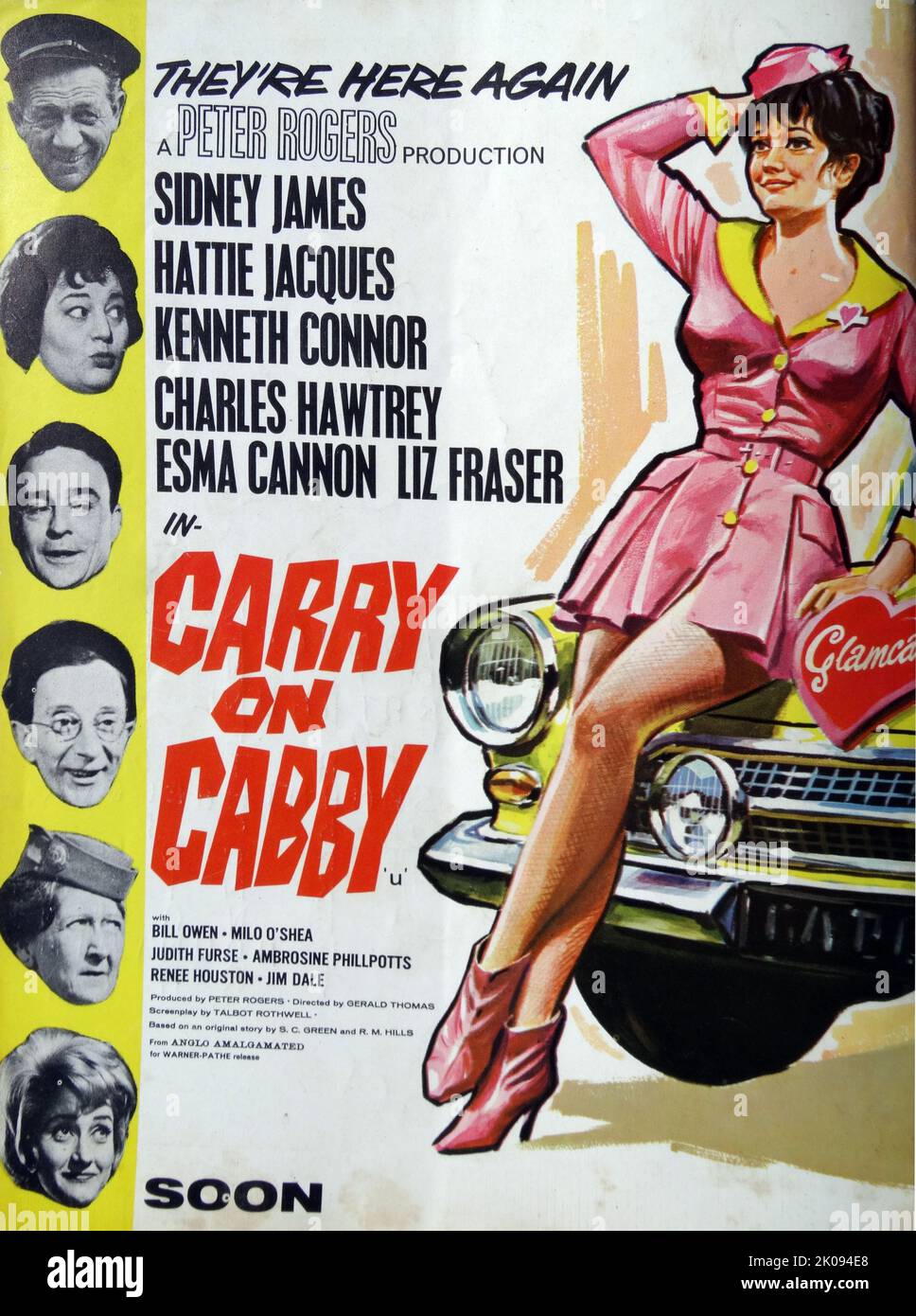 Plakat Werbung 1963 Film Carry On Cabby, mit Sid James, Hattie Jacques, Kenneth Connor und Charles Hawtrey. Stockfoto