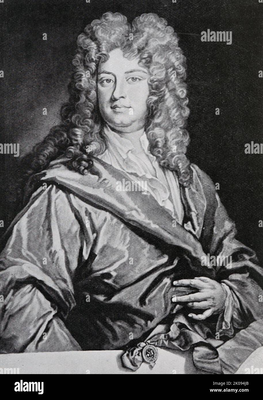Druck von Charles Montague, Earl of Halifax, nach einem Gemälde von Kneller. Charles Montagu, 1. Earl of Halifax KG PC PRS (16. April 1661 - 19. Mai 1715) war ein englischer Staatsmann und Dichter. Stockfoto