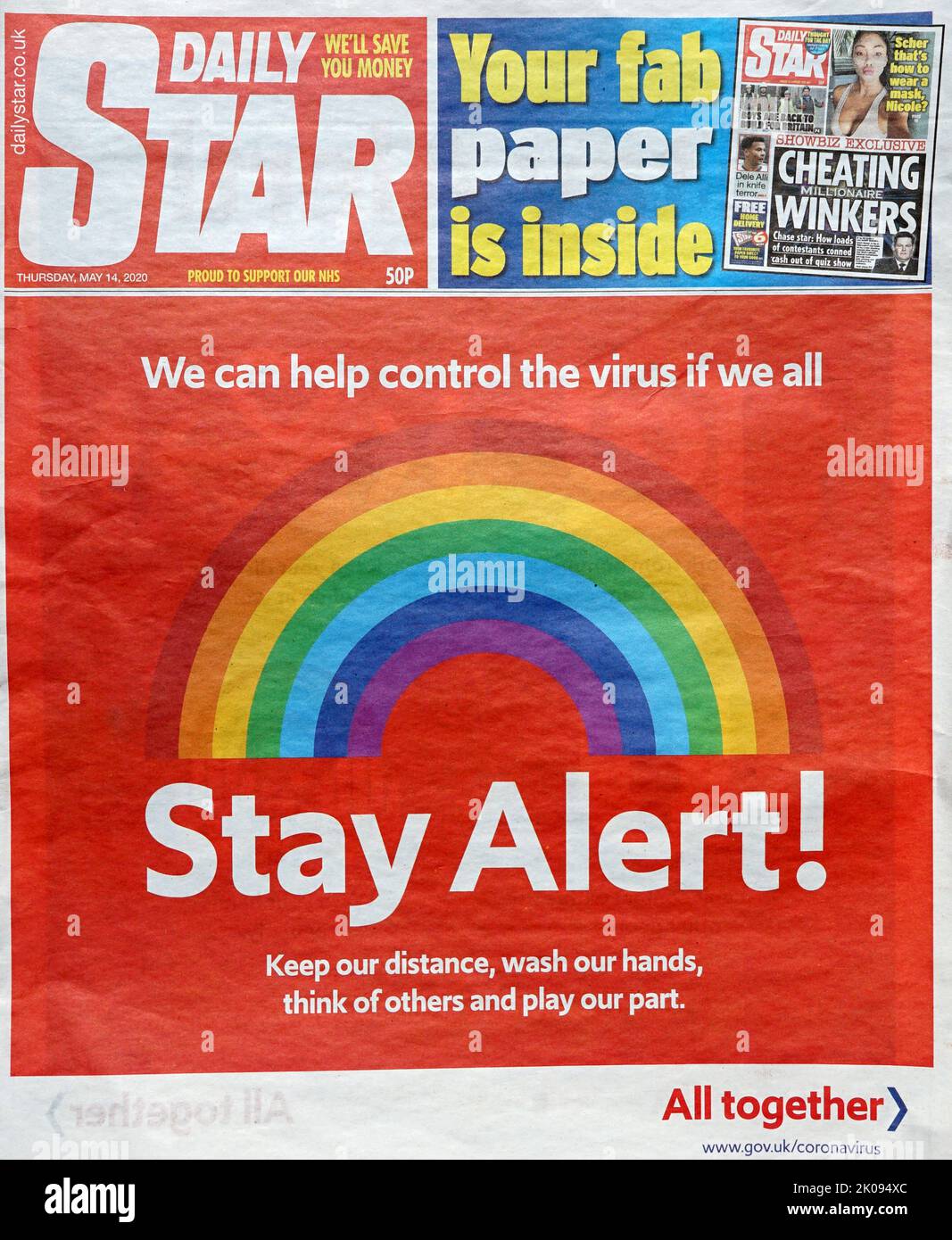 Titelbild der Star-Zeitung, Mai 14 2020, mit Warnung vor der Covid-19-Pandemie. Stockfoto