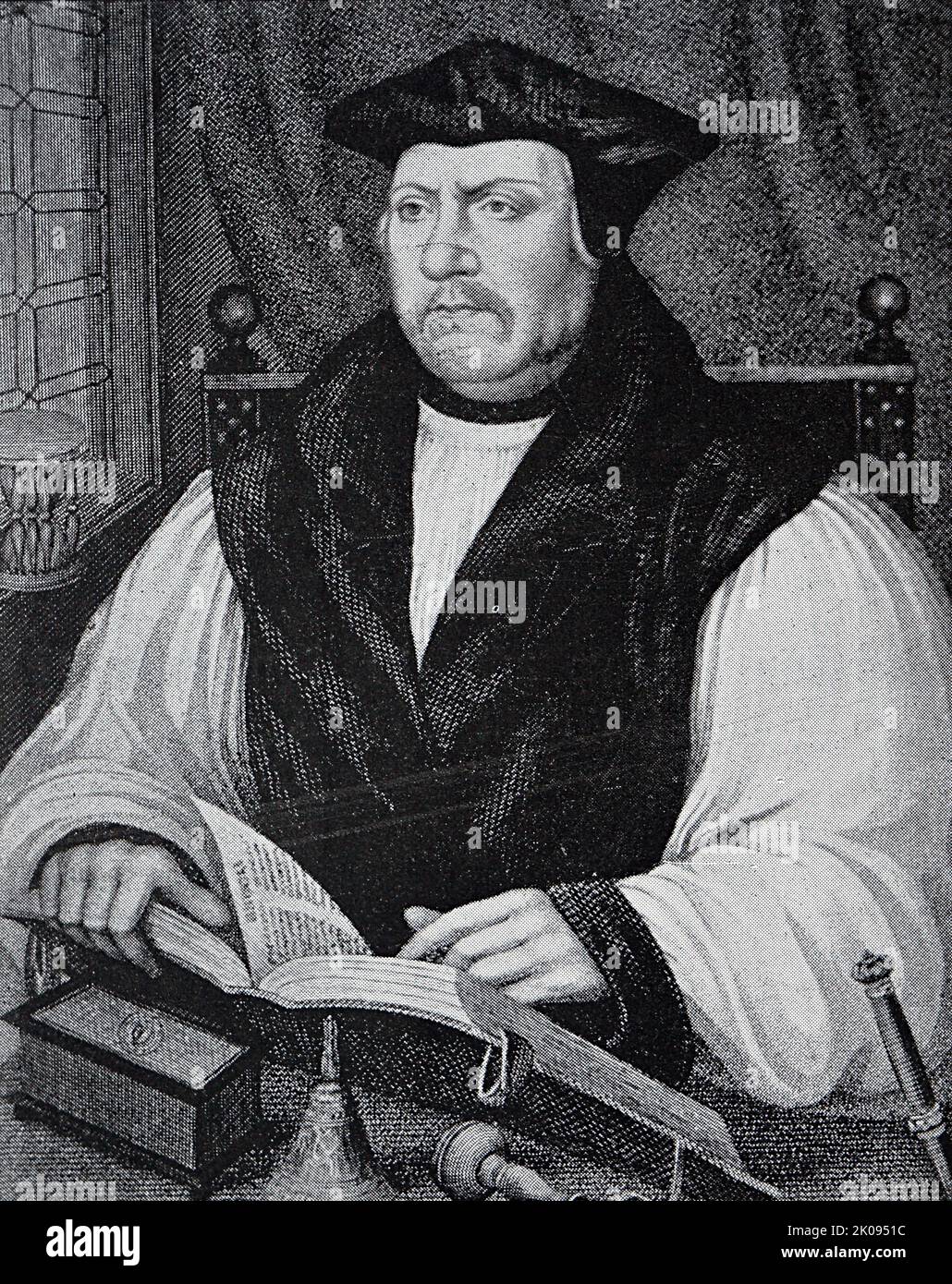 Erzbischof Parker, aus einem Gemälde von Lyne. Matthew Parker (6. August 1504 - 17. Mai 1575) war ein englischer Bischof. Von 1559 bis zu seinem Tod im Jahr 1575 war er Erzbischof von Canterbury in der Kirche von England. Stockfoto