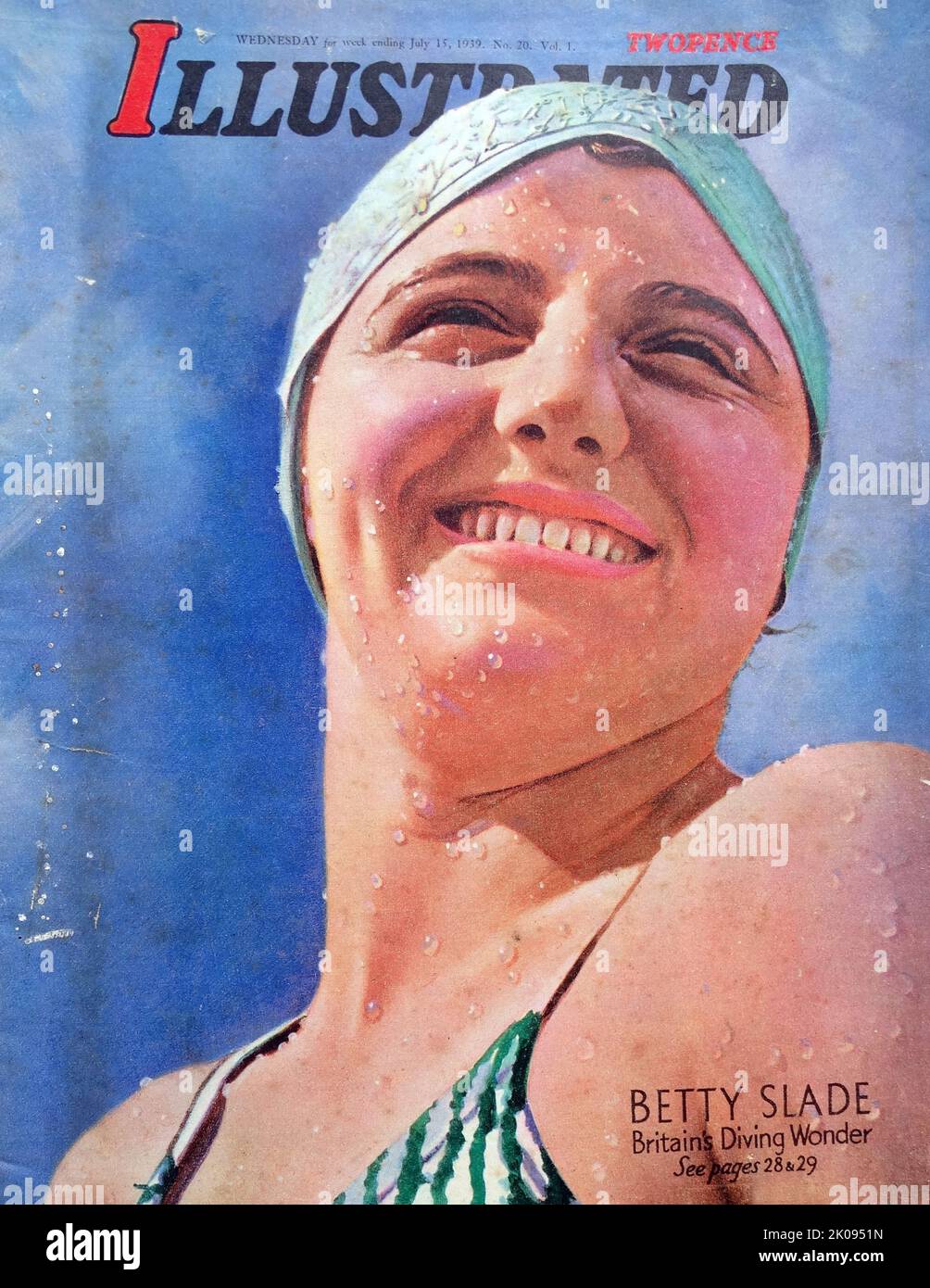 Betty Slide war eine britische Taucherin. Elizabeth Joyce Slade (18. Juni 1921 - 3. November 2000) trat bei den Olympischen Sommerspielen 1936 beim 3-Meter-Sprungbrett der Frauen an. Bei der Europameisterschaft im Wassersportereignis 1938 gewann sie ebenfalls eine Goldmedaille. Frontabdeckung der Abbildung. Stockfoto