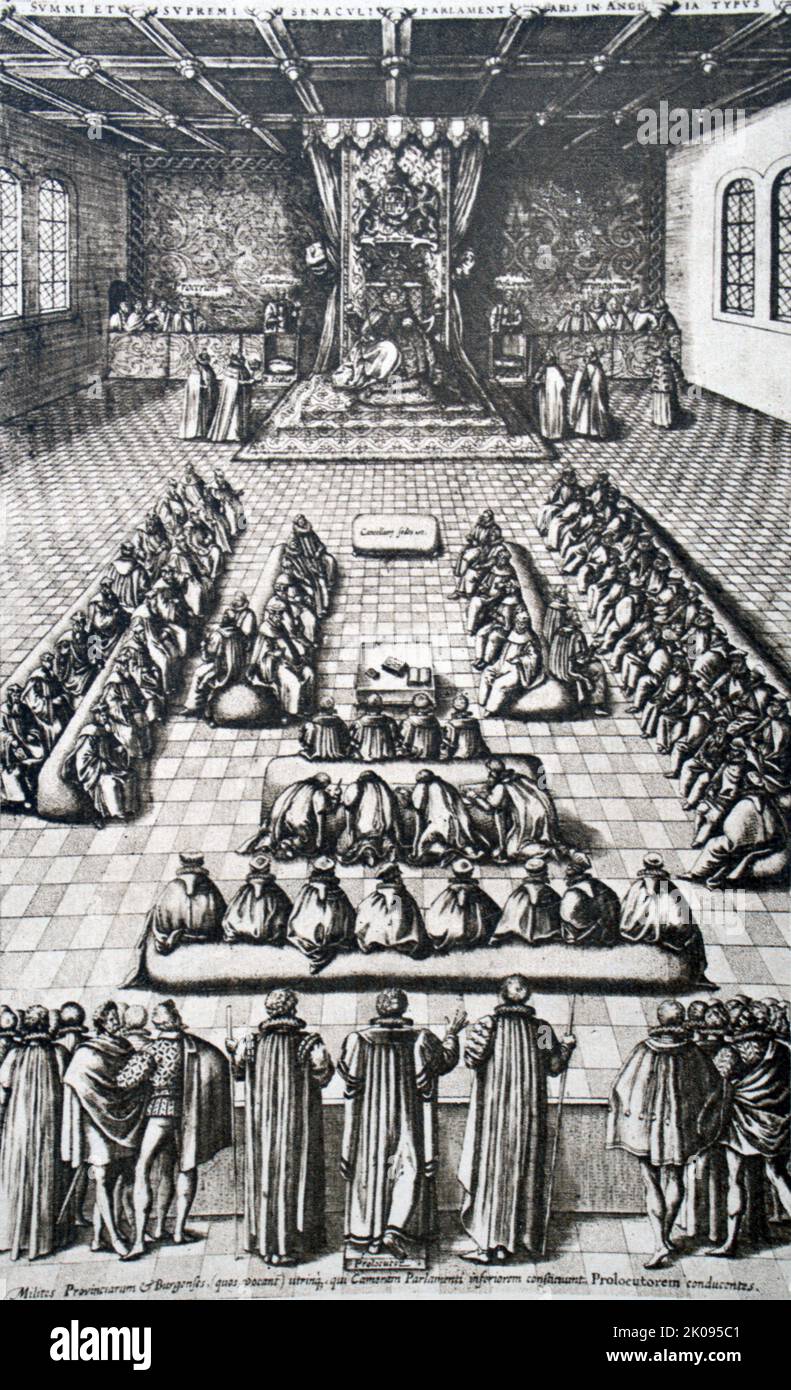 Präsentation des Sprechers im Unterhaus, November 1584. Nachrichtendruck der Gravur. Stockfoto