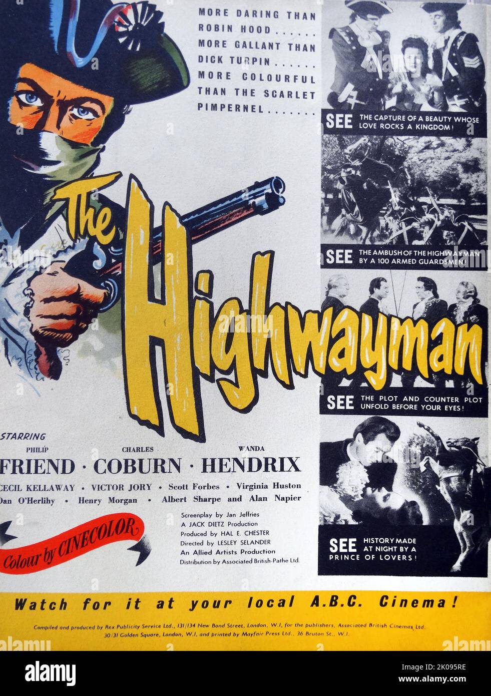 Werbung für den Film The Highwayman aus dem Jahr 1952. Der Highwayman ist ein Cinecolor-Film aus dem Jahr 1951, der auf dem gleichnamigen Gedicht von Alfred Noyes basiert. Stockfoto