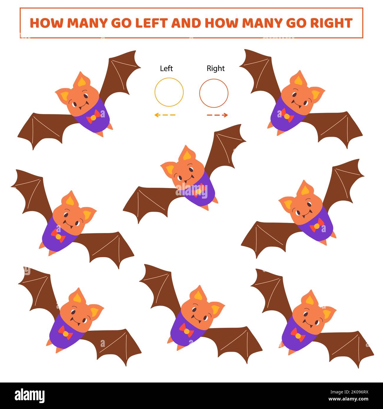 Wie viele gehen links.wie viele gehen rechts.Zählen Spiel mit niedlichen Cartoon bat.Arbeitsblatt für Kinder. Stockfoto