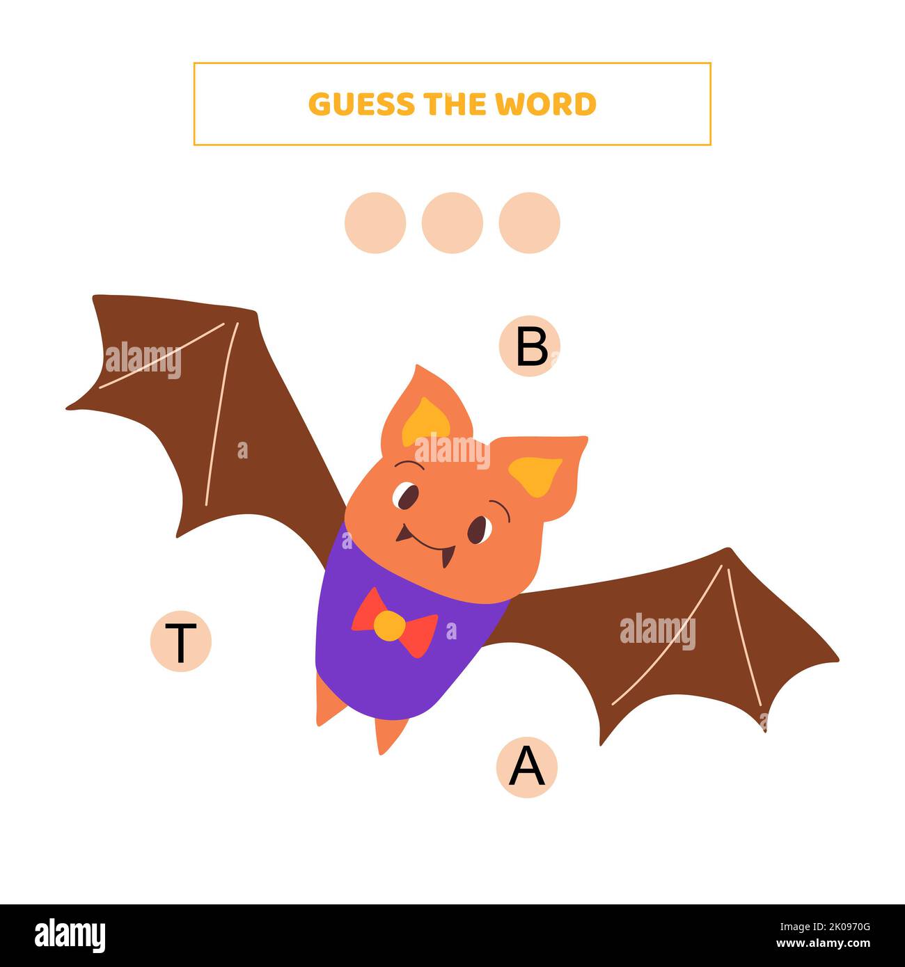 Erraten Sie das Wort. Pädagogisches Spiel für Kinder mit niedlichen Cartoon Fledermaus. Stockfoto