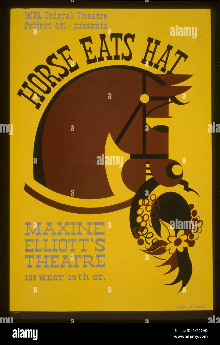 Faksimile des Posters für die Präsentation des Horse Eats Hats im Maxine Elliott's Theatre, 109 West 39. St., zeigt ein Pferd, das einen Hut isst. WPA Federal Theatre Project 891 im Maxine Elliott's Theatre. Stockfoto