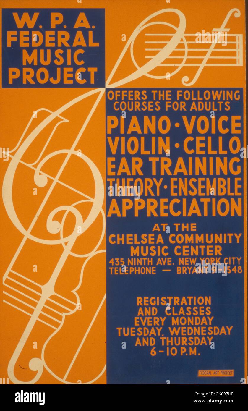 Plakat für den Unterricht des Federal Music Project in Musik für Kinder und Erwachsene im Chelsea Community Music Center, 435 Ninth Ave., New York City. Vom Federal Art Project, zwischen 1936 und 1941. Stockfoto