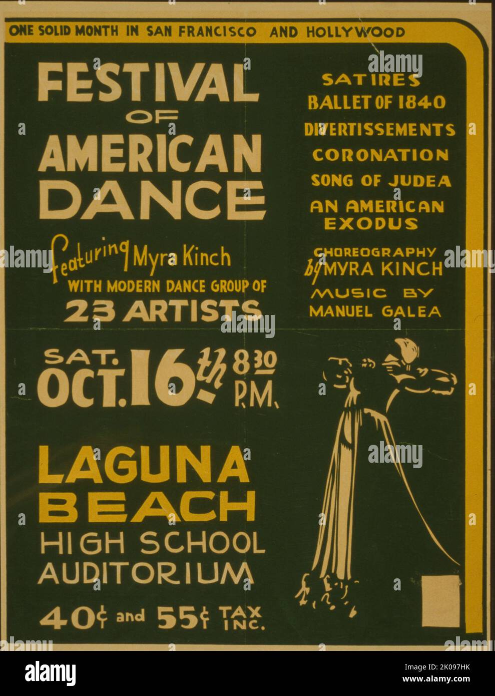 Festival des amerikanischen Tanzes mit Myra Kinch mit moderner Tanzgruppe von 23 Künstlern Satires, Ballett von 1840, Divertisements, Krönung, Lied von Judäa, Ein amerikanischer Exodus. Poster für Federal Theatre Project Präsentation eines Festivals amerikanischen Tanzes mit Choreografie von Myra Kinch und Musik von Manuela Galea im Auditorium der Laguna Beach High School. Stockfoto
