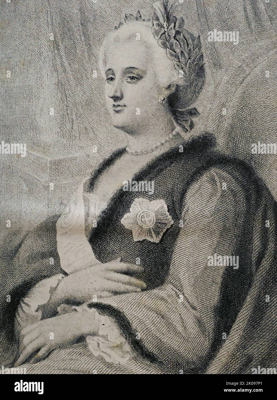 Katharina II. (Geb. Sophie von Anhalt-Zerbst; 2. Mai 1729 - 17. November 1796), am häufigsten als Katharina die große bekannt, war von 1762 bis 1796 die letzte regierende Kaiserin Russlands - die am längsten herrschende weibliche Führerin des Landes. Sie kam an die Macht nach der Tötung ihres Mannes und zweiten Cousins, Peter III. Unter ihrer Herrschaft wurde Russland größer, seine Kultur wurde neu belebt und als eine der großen Mächte Europas anerkannt. Stockfoto