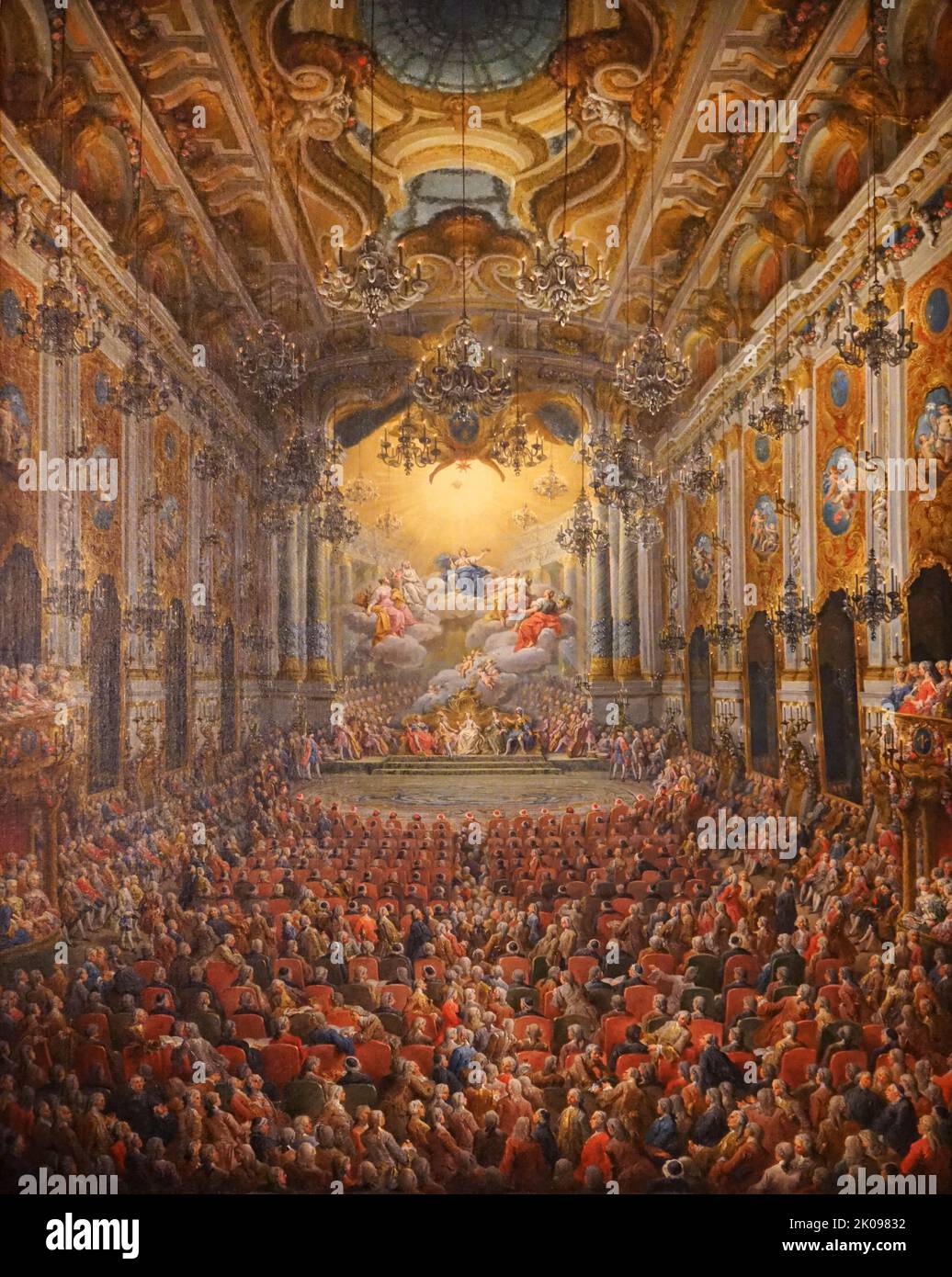 Gemälde, das die Feierlichkeiten des duc de Nivernais im Jahr 1751 im Palast von Farnese in Rom anlässlich der Geburt des duc de Bourgogne, des ältesten Sohnes des Dauphin von Frankreich, darstellt. Stockfoto