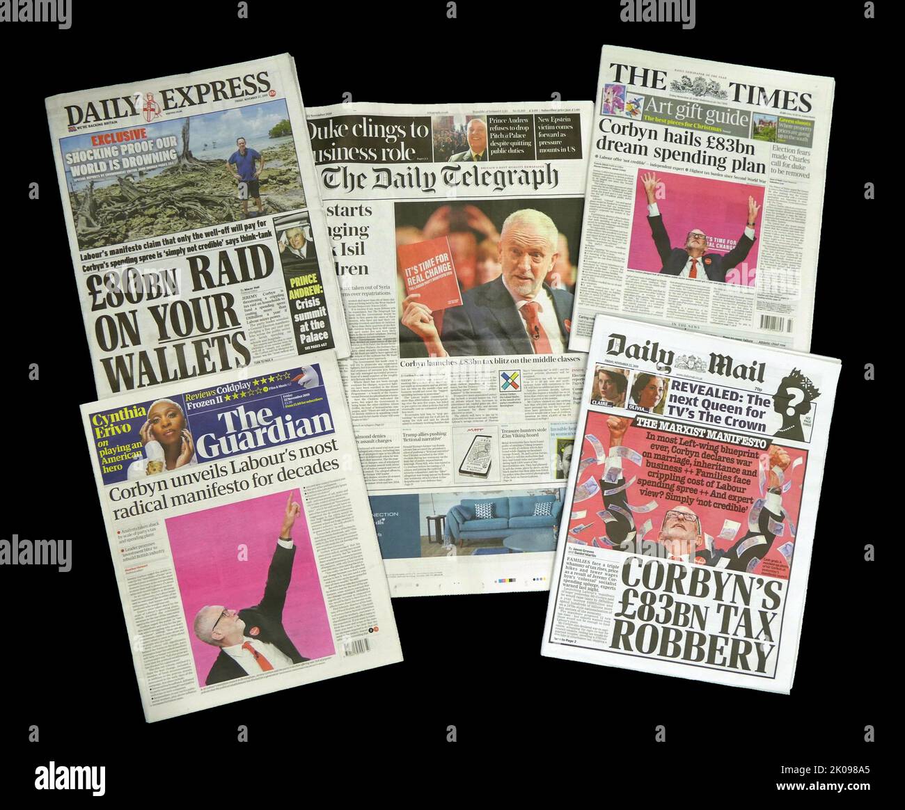 Titelseiten von Zeitungen am 22. November 2019 mit Schlagzeilen über das Wahlmanifest des Labour-Vorsitzenden Jeremy Corbyn. Stockfoto