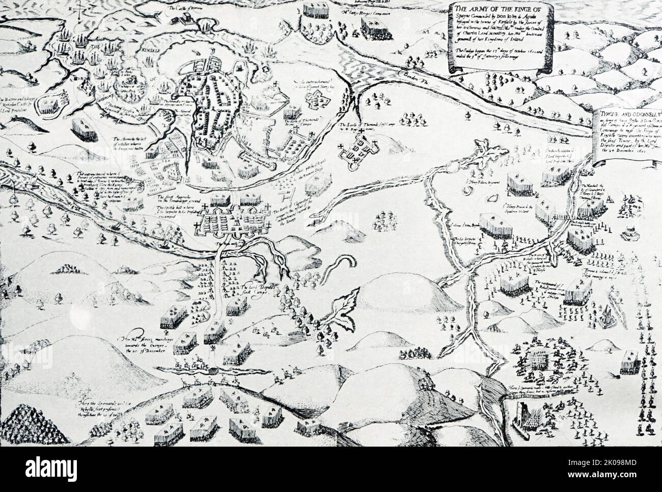 Panoramabild der Belagerung und Schlacht von Kinsale von George Carew. Die Belagerung von Kinsale, oder die Schlacht von Kinsale, war die ultimative Schlacht bei Englands Eroberung von Gälisch-Irland, die im Oktober 1601 begann, nahe dem Ende der Herrschaft von Königin Elizabeth I., und am Höhepunkt des neun-Jahres-Krieges -- Eine Kampagne von Hugh O'Neill, Hugh Roe O'Donnell und anderen irischen Lords gegen die englische Herrschaft. Stockfoto