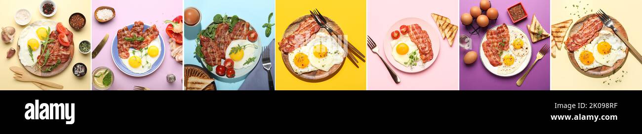 Collage aus leckeren Spiegeleiern mit Speck, Gemüse und Brot auf farbigem Hintergrund, Draufsicht Stockfoto